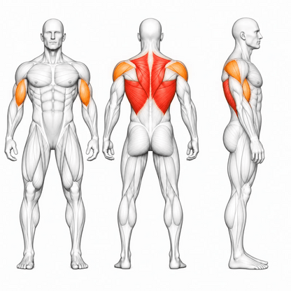 Animierte Muskelgruppen der DHZ TITAN Mechanix Y930ZA Row: Latissimus und mittlerer Rücken primär, Bizeps und hintere Schulter sekundär