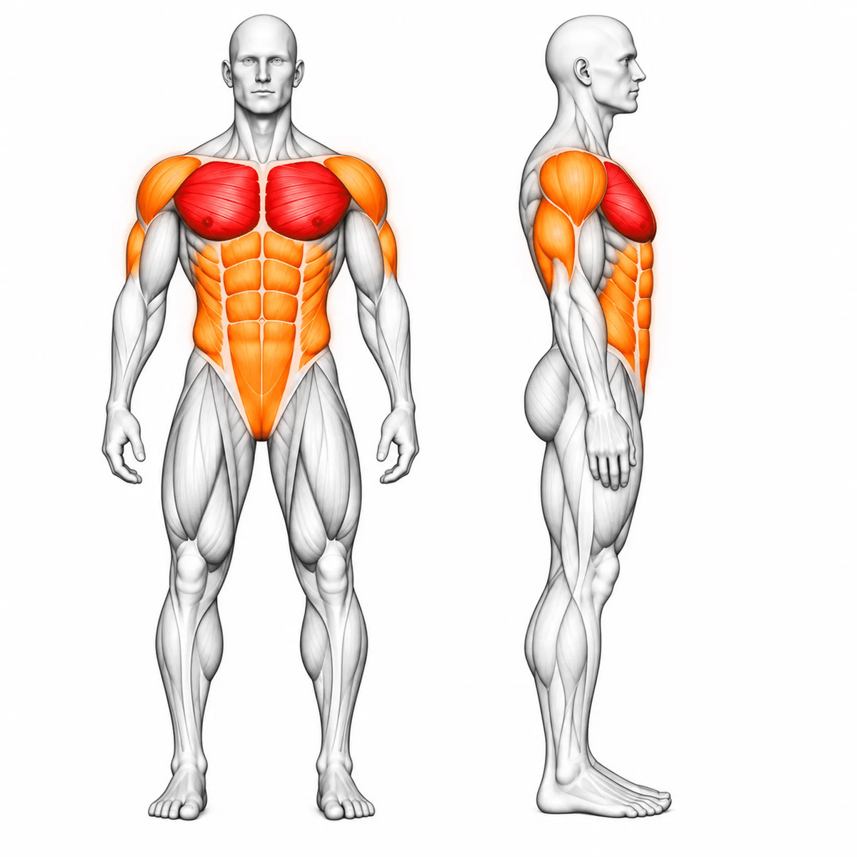 Animierte Muskelgruppen der DHZ TITAN Mechanix Y980ZA Flat Bench: Brust primär, Schultern, Trizeps und Core sekundär