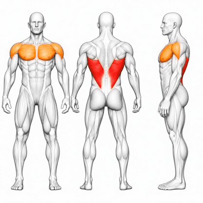 Animierte Muskelgruppen der DHZ TITAN Mechanix Y983ZA Pull Over: Latissimus primär, Brust und vordere Schulter sekundär