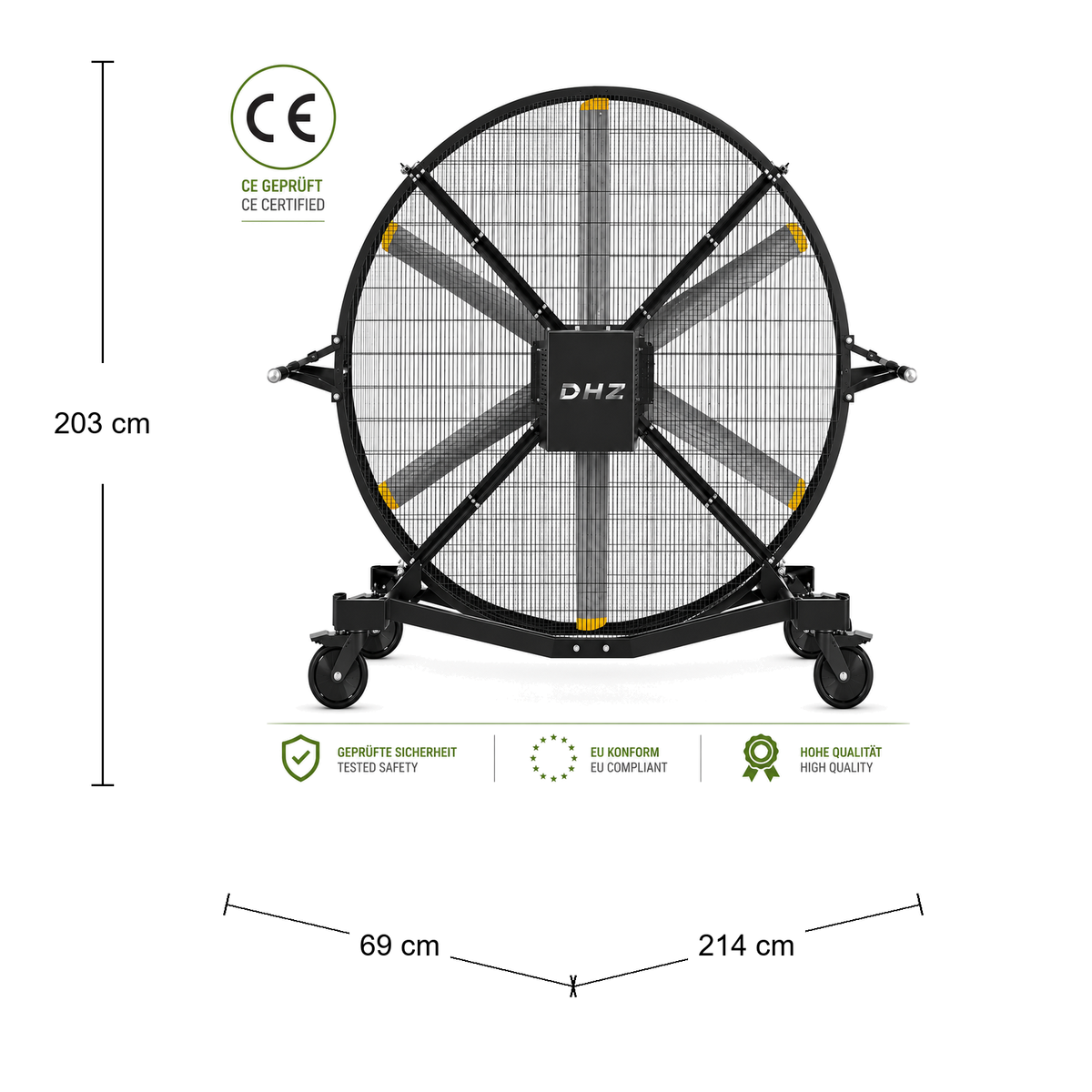 DHZ FS Serie FS300P Standing Fan - Professioneller Industrieventilator Abmessungen 214 × 69 × 203 cm