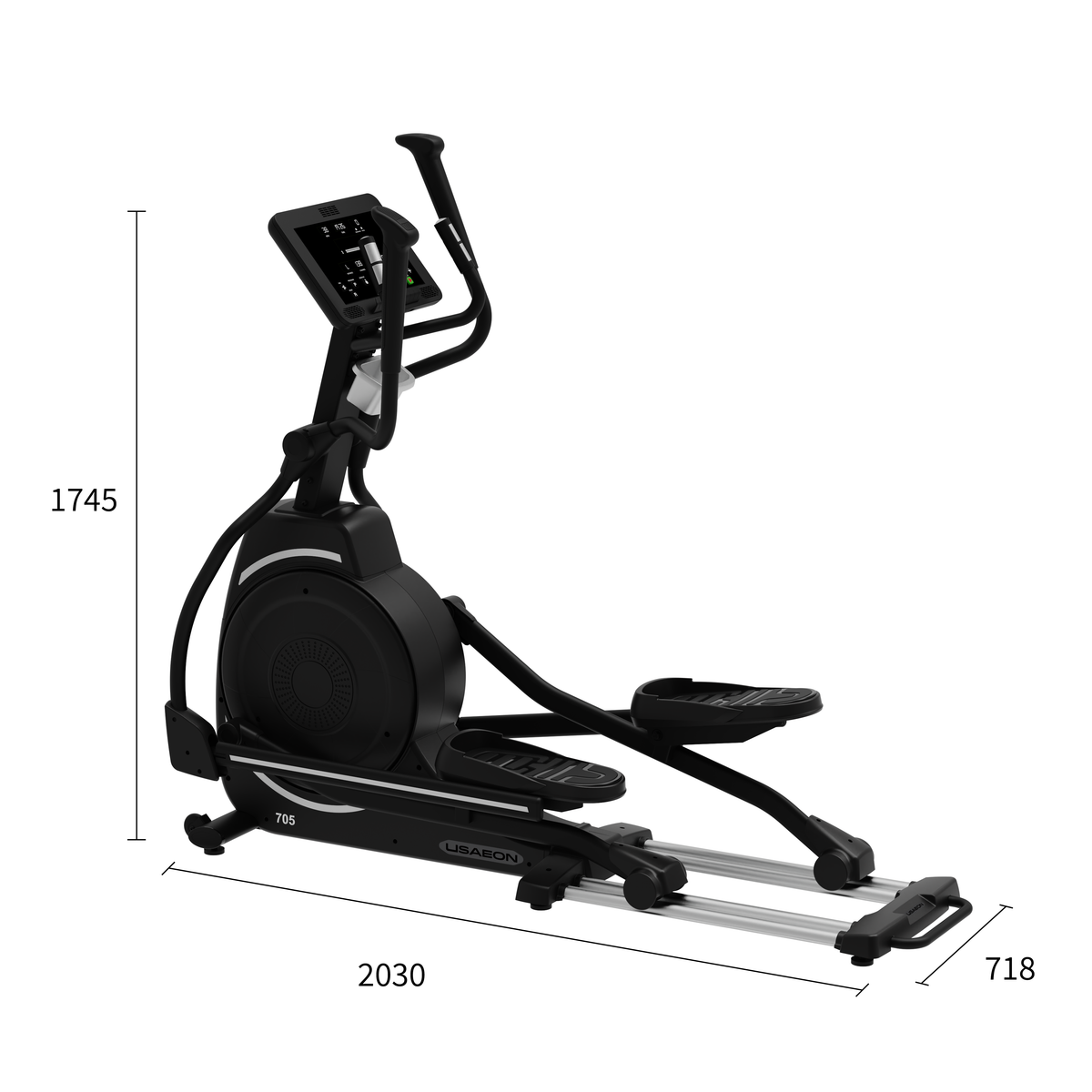 USAEON 705D Profi Crosstrainer Fitnessstudio – Maßzeichnung mit Geräteabmessungen