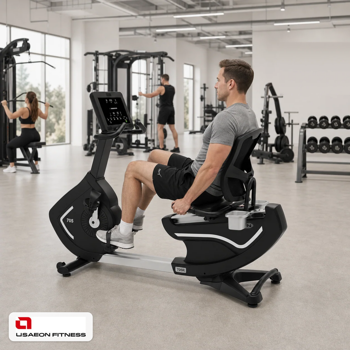 USAEON 705R Profi Liegeergometer Fitnessstudio – Geräteansicht im professionellen Fitnessstudio