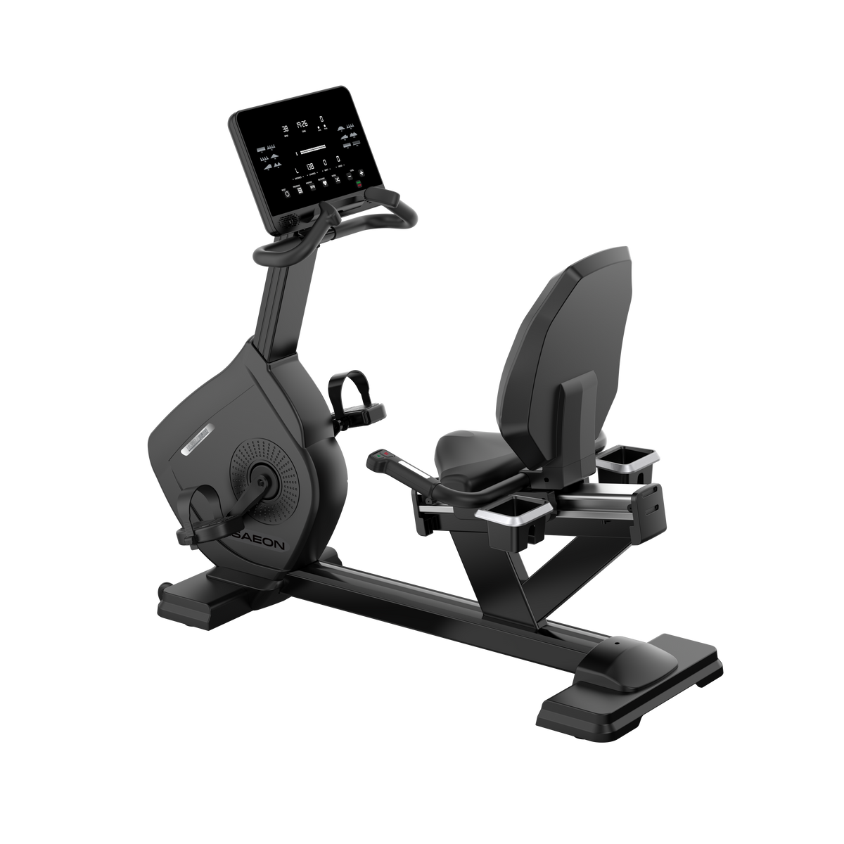 USAEON ULTIMAGLIDE 805R Premium Profi Liegeergometer für Fitnessstudio - Perspektivansicht - LED-Display