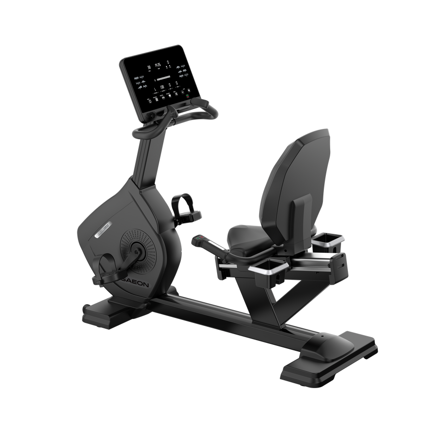 USAEON ULTIMAGLIDE 805R Premium Profi Liegeergometer für Fitnessstudio - Perspektivansicht - LED-Display
