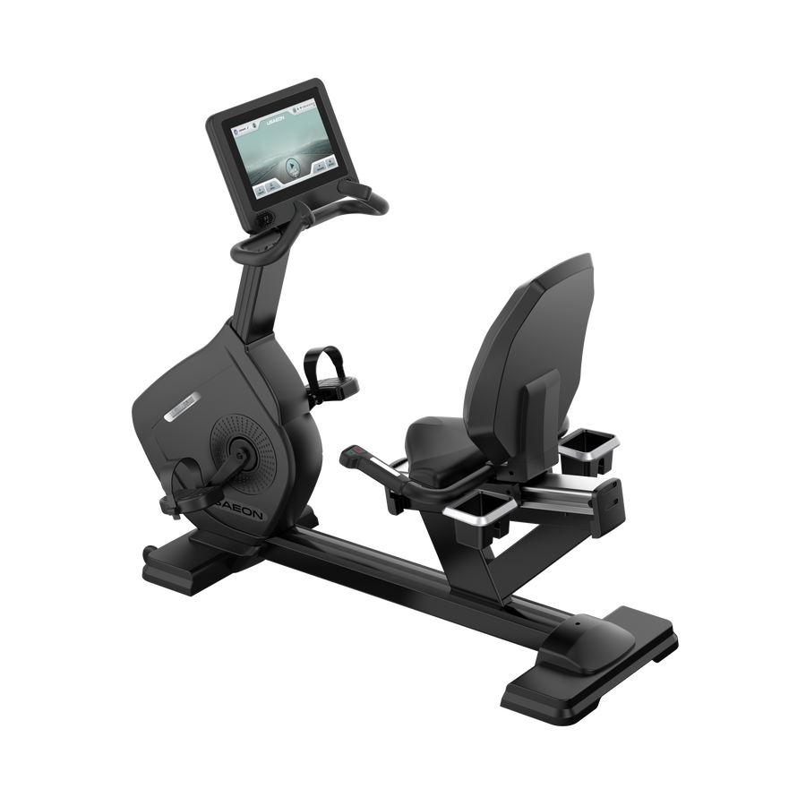 USAEON ULTIMAGLIDE 805R-T Premium Profi Liegeergometer für Fitnessstudio - Perspektivansicht - TFT-Display