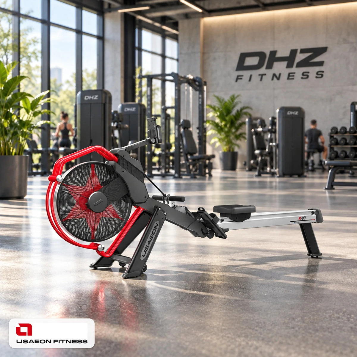 USAEON R90+ Profi Rudergerät im hellen DHZ Fitnessstudio