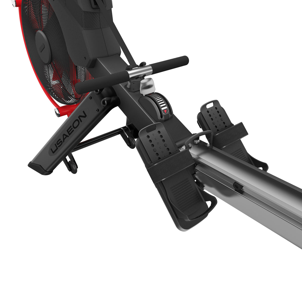 USAEON R90+ Premium Profi Rudergerät für Fitnessstudio - Detailansicht - Fußplatten